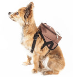Dog harness backpack with brown dog-face front and adjustable black shoulder straps