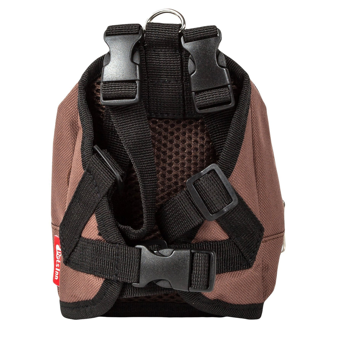 Brown dog harness backpack back with mesh panel and multiple black adjustable straps