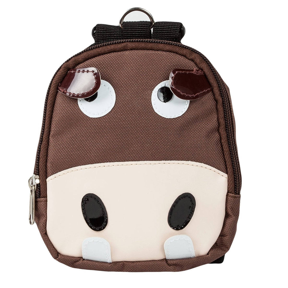 Brown dog harness backpack front panel with white muzzle and cartoon eye patches