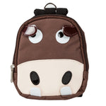 Brown dog harness backpack front panel with white muzzle and cartoon eye patches