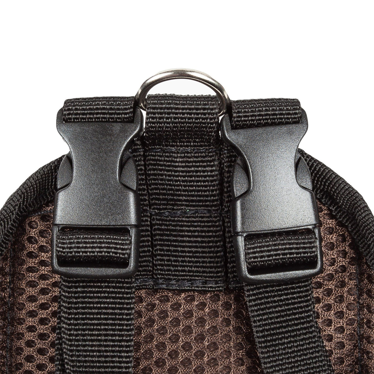 Brown dog harness backpack top hardware and black webbing attachment straps