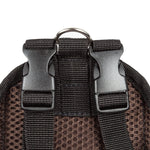 Brown dog harness backpack top hardware and black webbing attachment straps