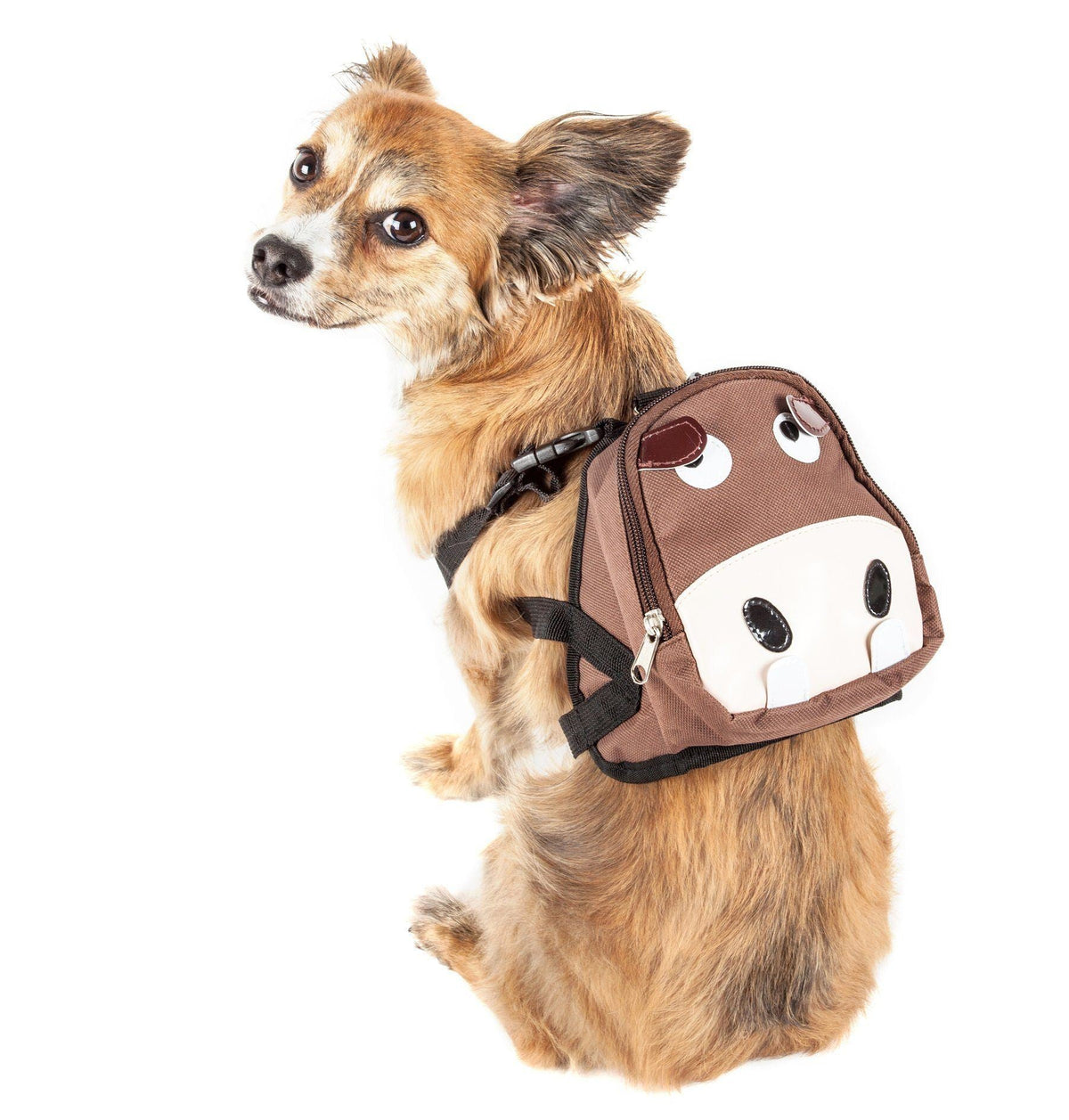 Dog harness backpack with brown dog-face design and front pocket, worn with black straps