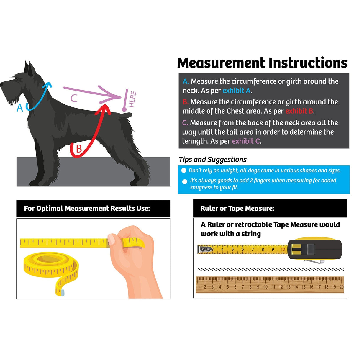 Dog coat measurement instructions diagram for neck, chest, and length