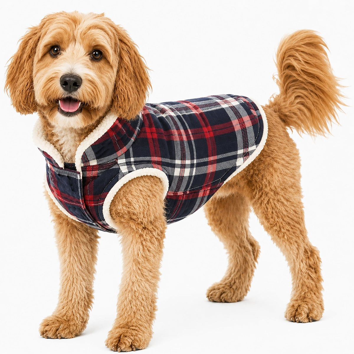 Plaid insulated dog coat in navy, red, and white with sherpa lining