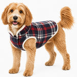 Plaid insulated dog coat in navy, red, and white with sherpa lining