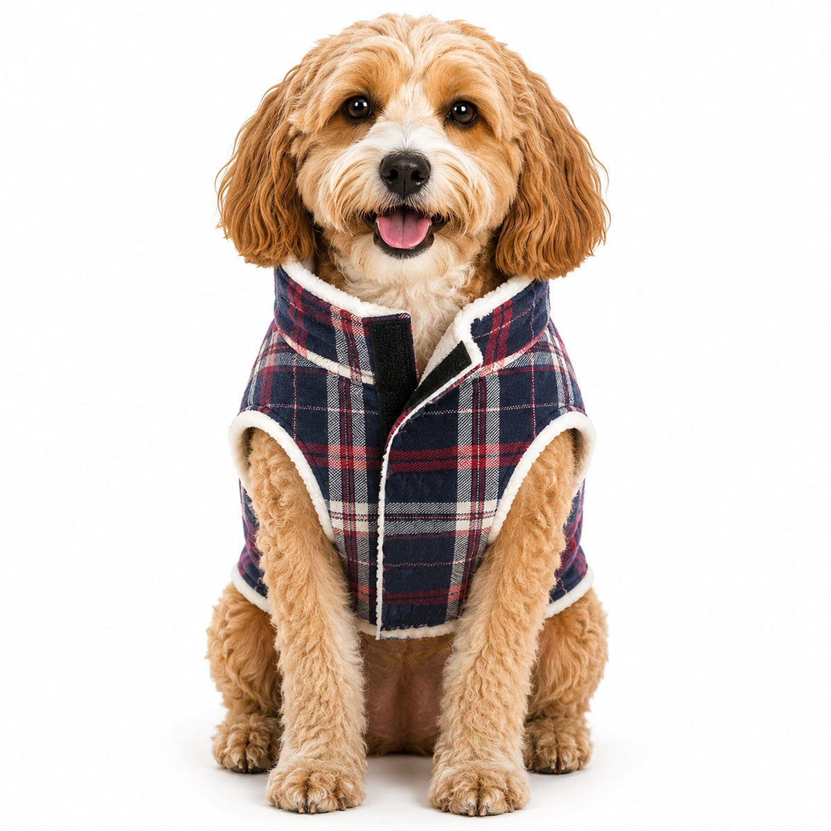 Front-facing plaid dog coat with navy lining and red-white grid pattern