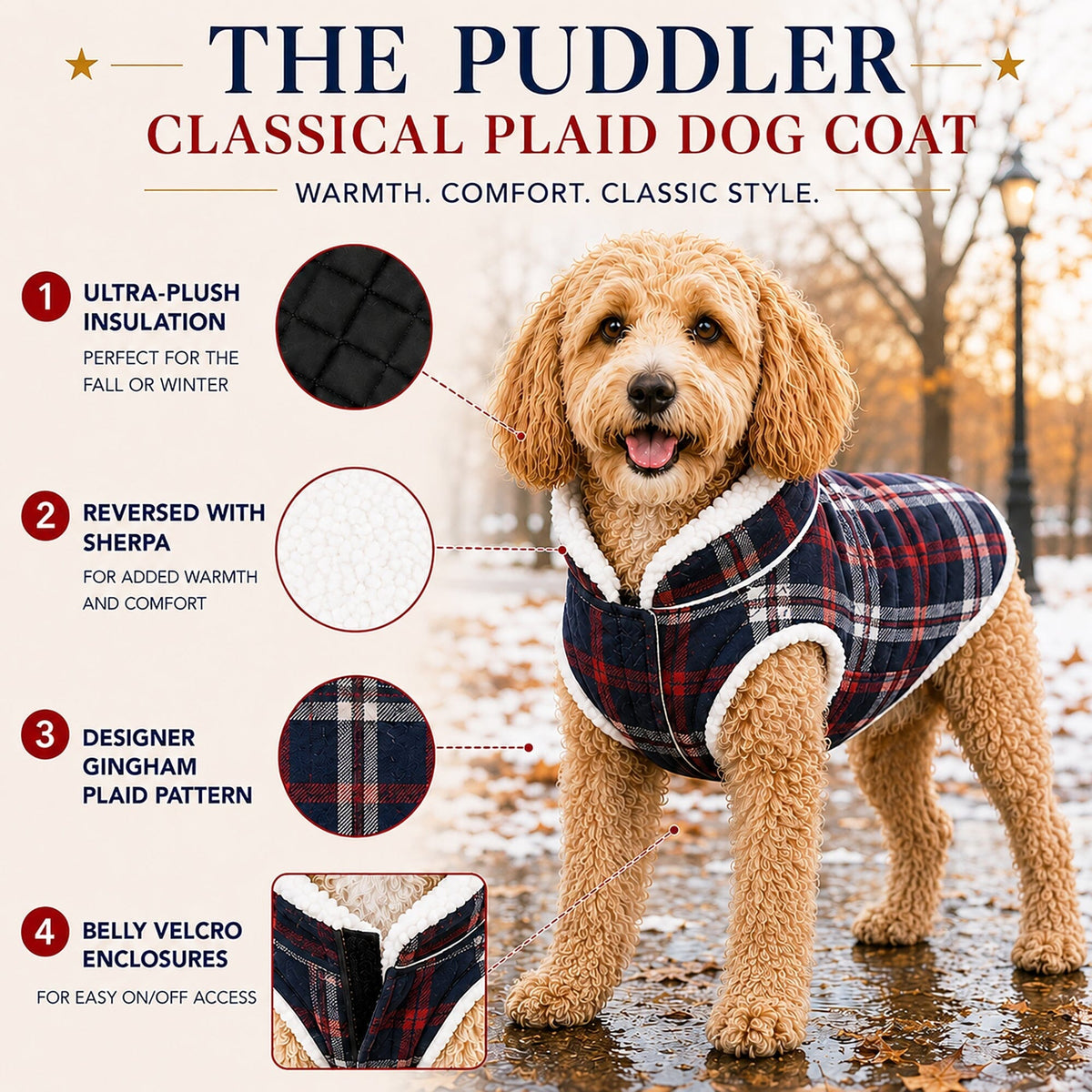 Classical plaid dog coat with fleece-lined hood and belly opening