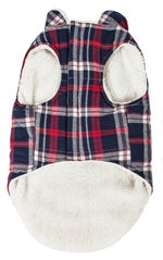 Plaid dog coat with teddy-style fleece hood and paw print opening
