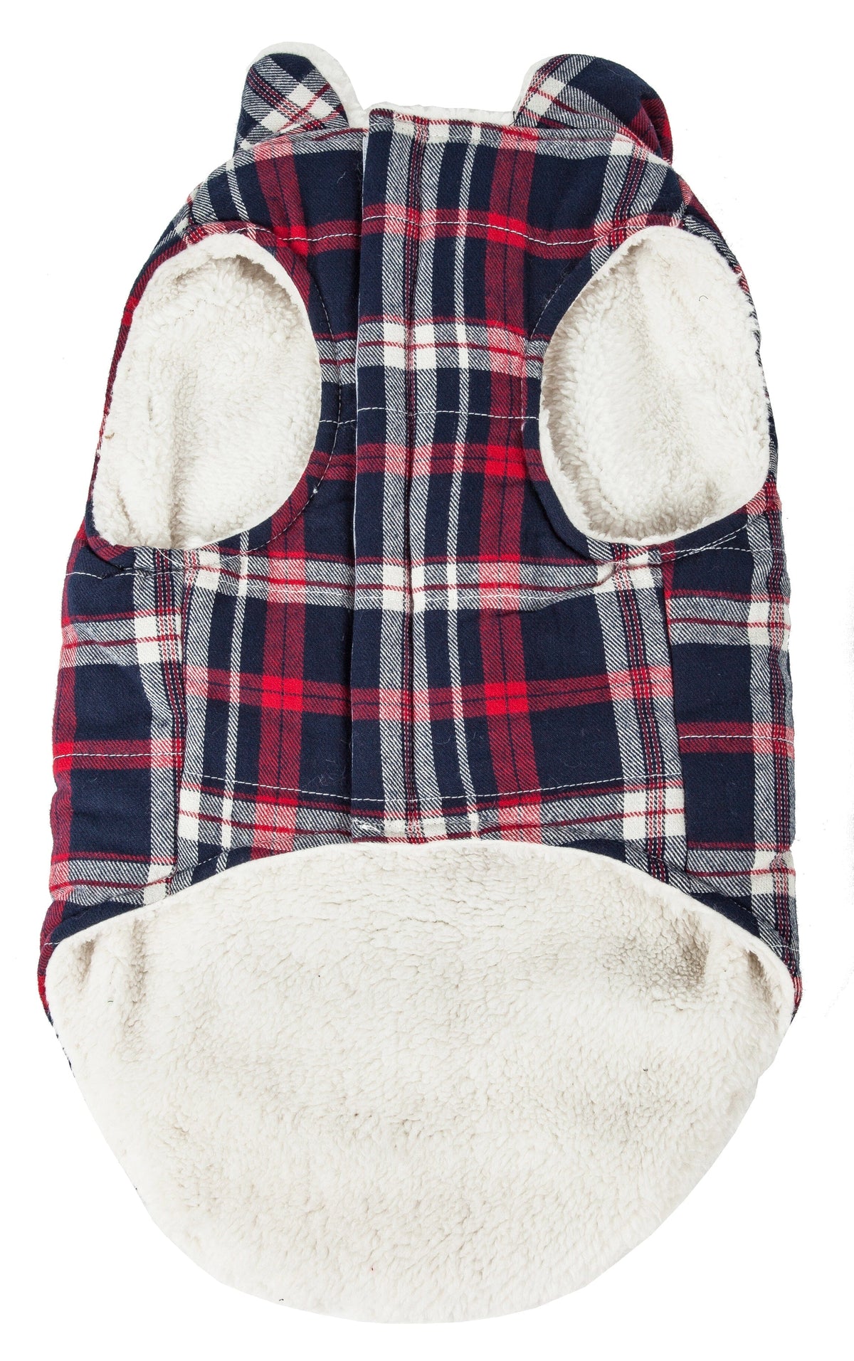 Plaid dog coat with teddy-style fleece hood and paw print opening