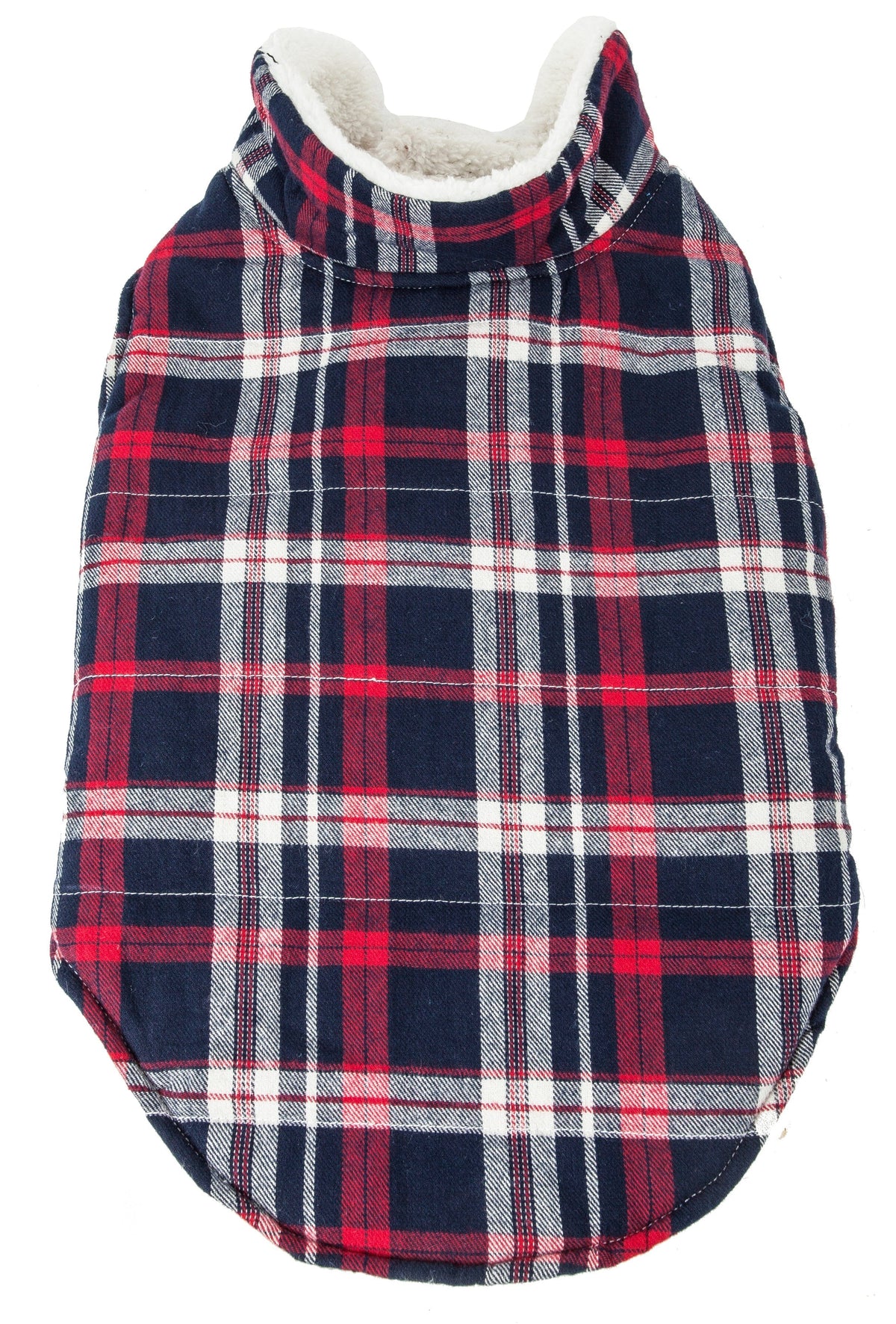 Plaid dog coat with warm sherpa collar and red, navy, and white squares