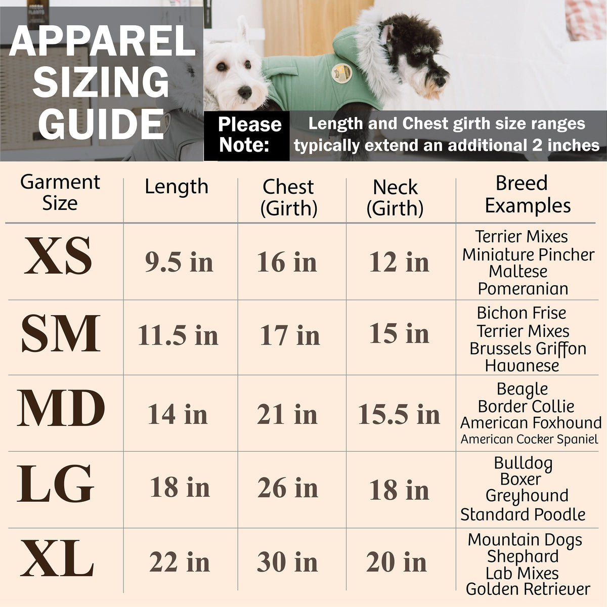 Dog coat apparel sizing guide chart with XS to XL measurements