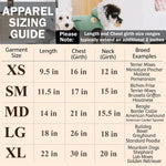 Dog coat apparel sizing guide chart with XS to XL measurements