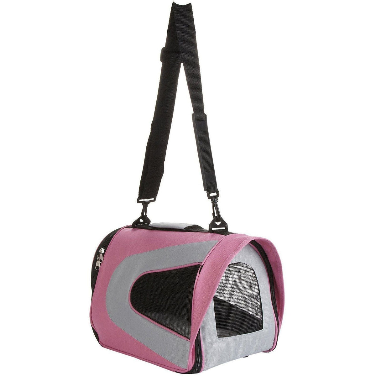 Pink and grey foldable dog carrier with shoulder straps and side zip mesh window