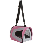 Pink and grey foldable dog carrier with shoulder straps and side zip mesh window