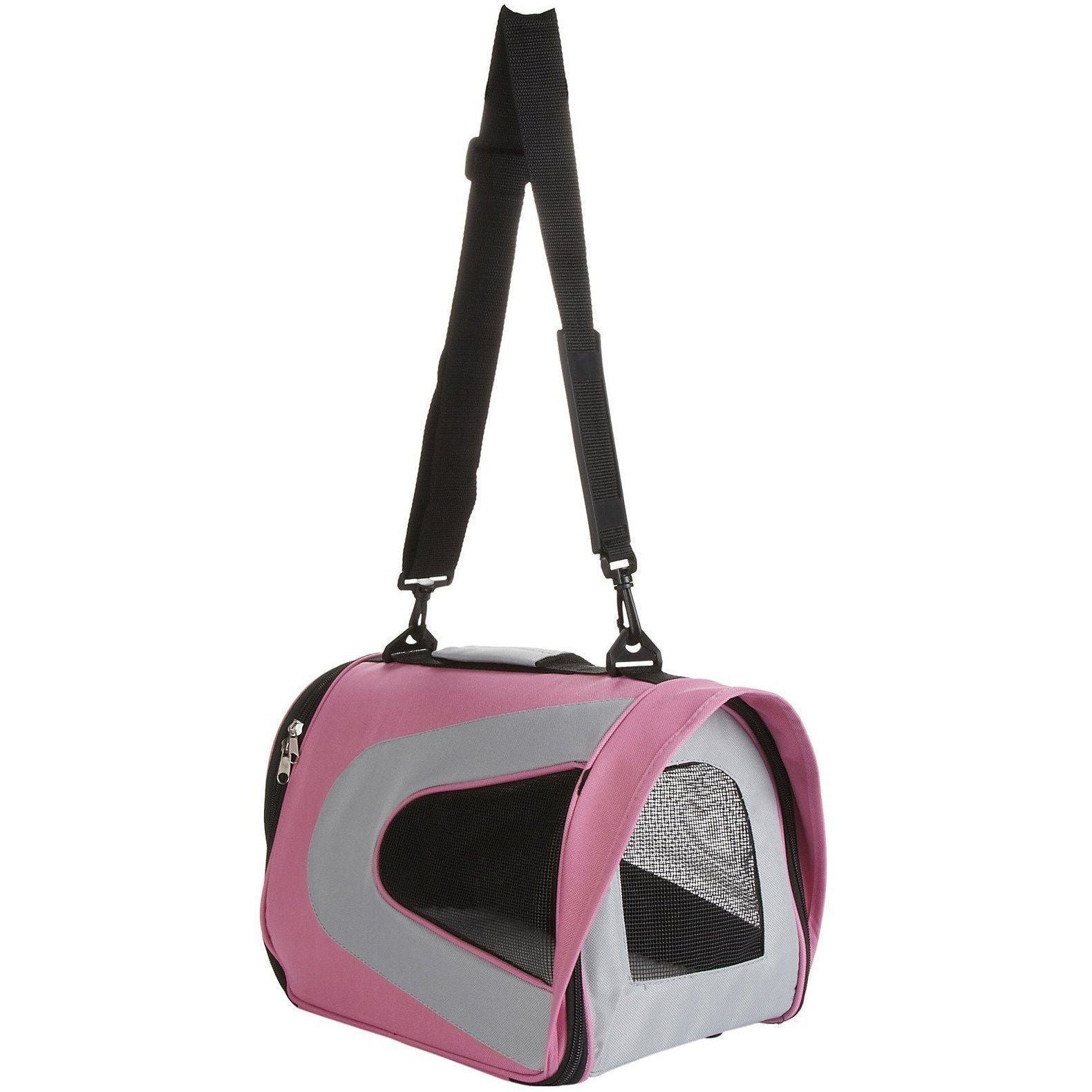 Pink and grey foldable dog carrier with shoulder straps and side zip mesh window