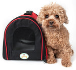 Foldable dog carrier, black with red trim and front zip mesh panel