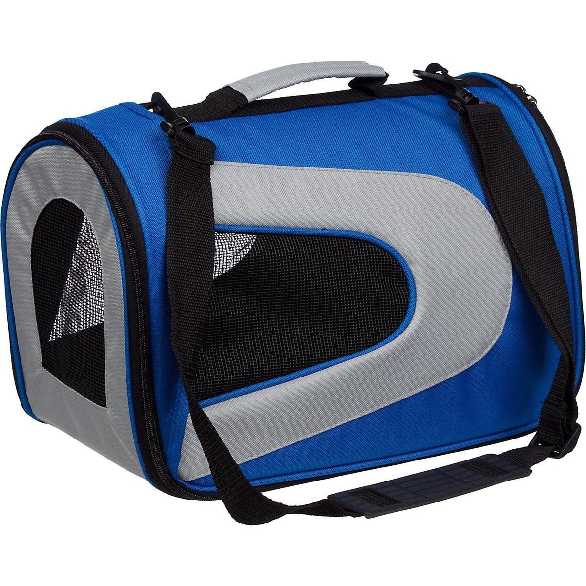 Airline approved dog carrier, blue with grey panels and front zip mesh window