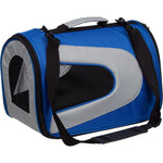 Airline approved dog carrier, blue with grey panels and front zip mesh window