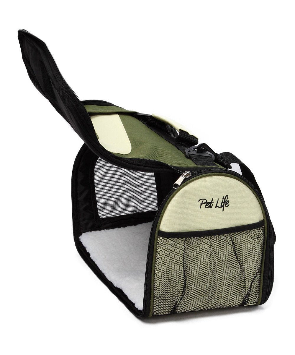 Green-and-black collapsible dog carrier with mesh window and top carry handle