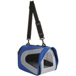 Blue and grey airline pet carrier with two shoulder straps and front mesh window