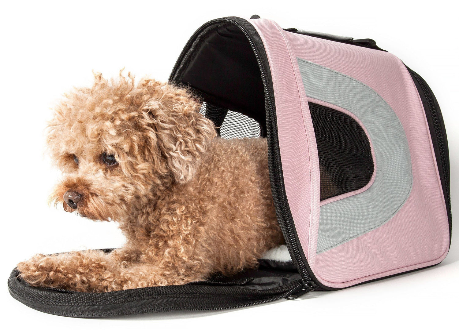 Pink and grey zip-up folding dog carrier with side mesh ventilation window