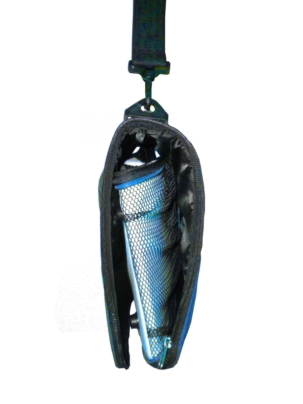 Blue-and-grey dog travel carrier with top strap and side mesh pocket, zippered close