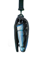 Blue-and-grey dog travel carrier with top strap and side mesh pocket, zippered close