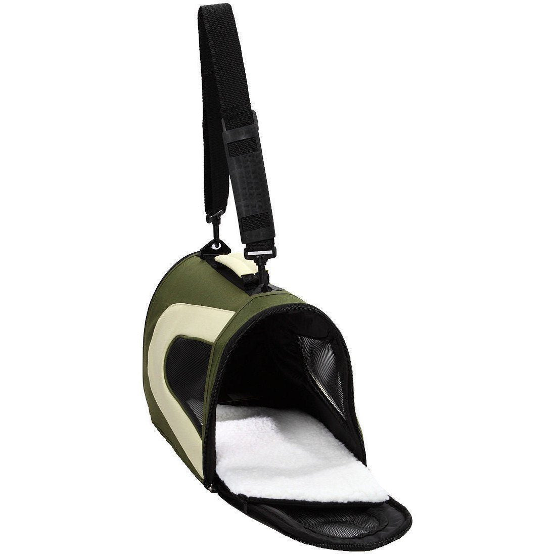Green and khaki folding dog carrier with shoulder strap and mesh side opening