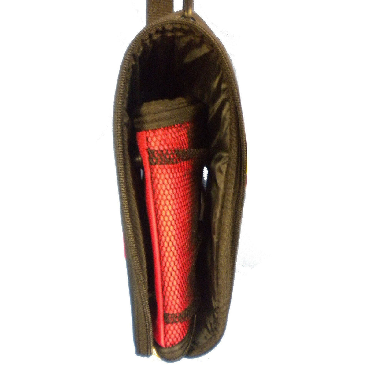 Red-and-black dog carrier interior with mesh panel and zipper trim
