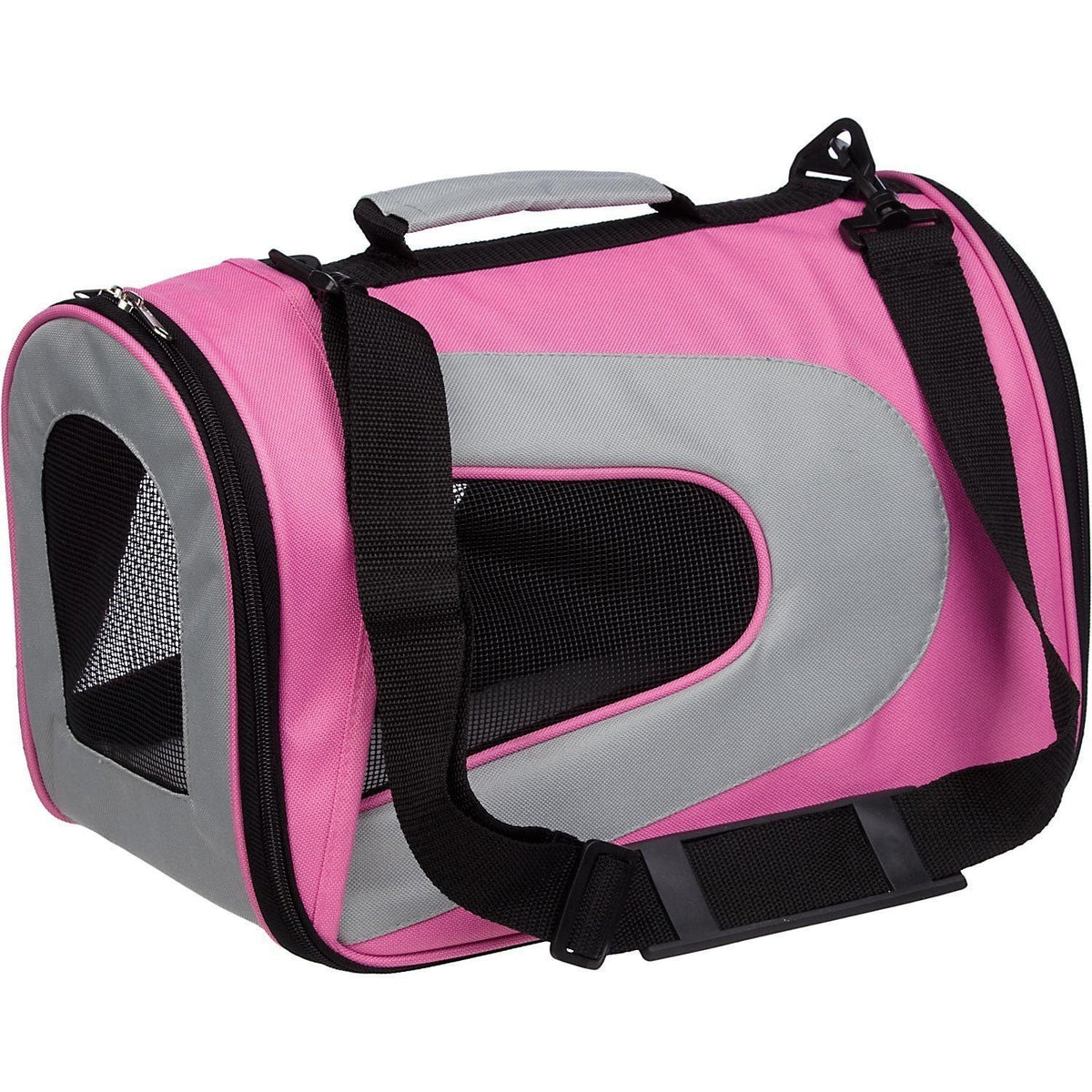 Pink and grey zip folding pet carrier with black mesh front and shoulder strap
