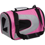 Pink and grey zip folding pet carrier with black mesh front and shoulder strap