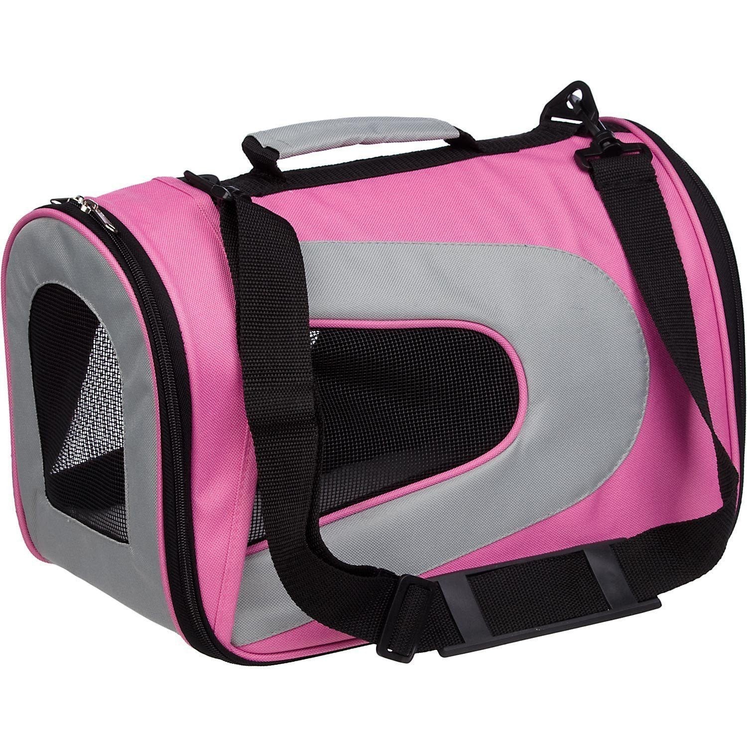 Pink and grey zip folding pet carrier with black mesh front and shoulder strap