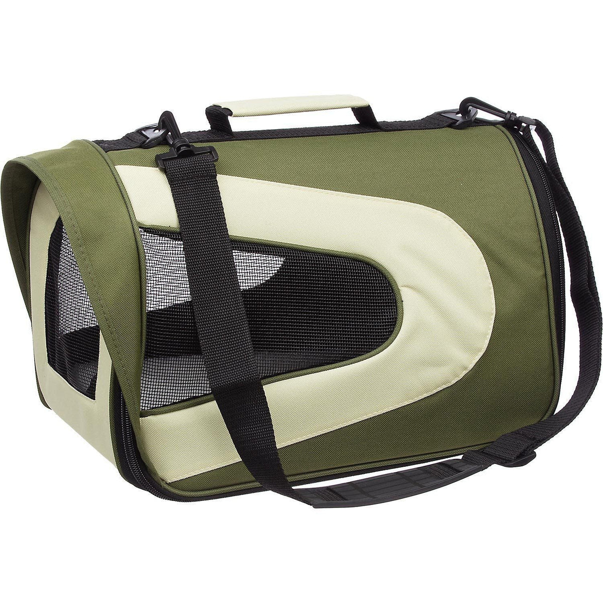 Green and khaki dog carrier with cream accents and front zip mesh window