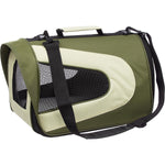Green and khaki dog carrier with cream accents and front zip mesh window