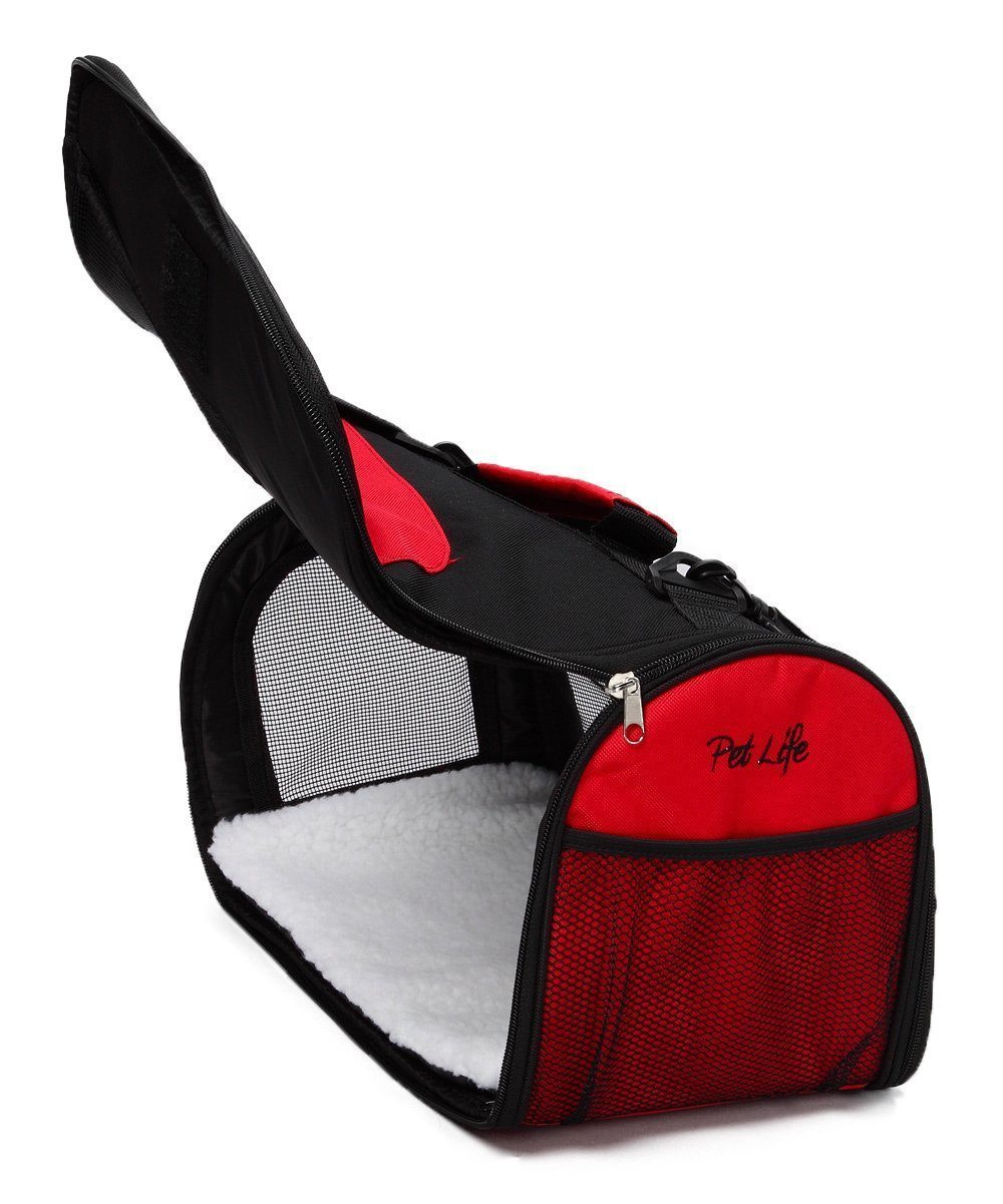 Red-and-black collapsible dog carrier with mesh side window and top carry strap