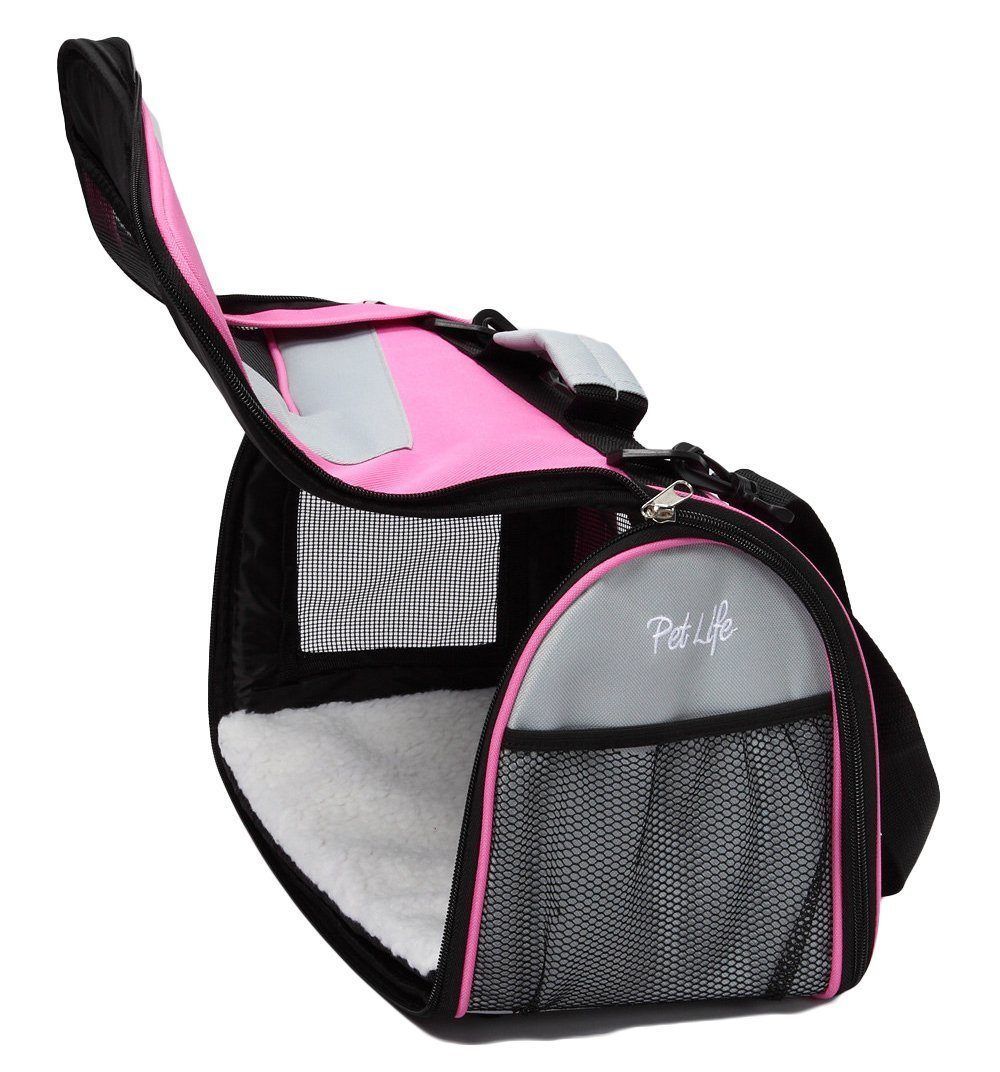 Pink-and-black collapsible dog carrier with mesh side window and top handle strap