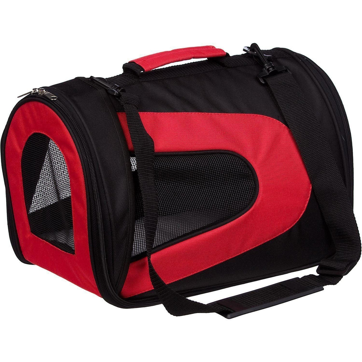 Red and black dog carrier with front zip mesh window and webbing shoulder strap