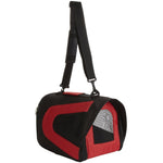 Dog travel carrier, zippered mesh panels, red and black foldable bag with carry strap