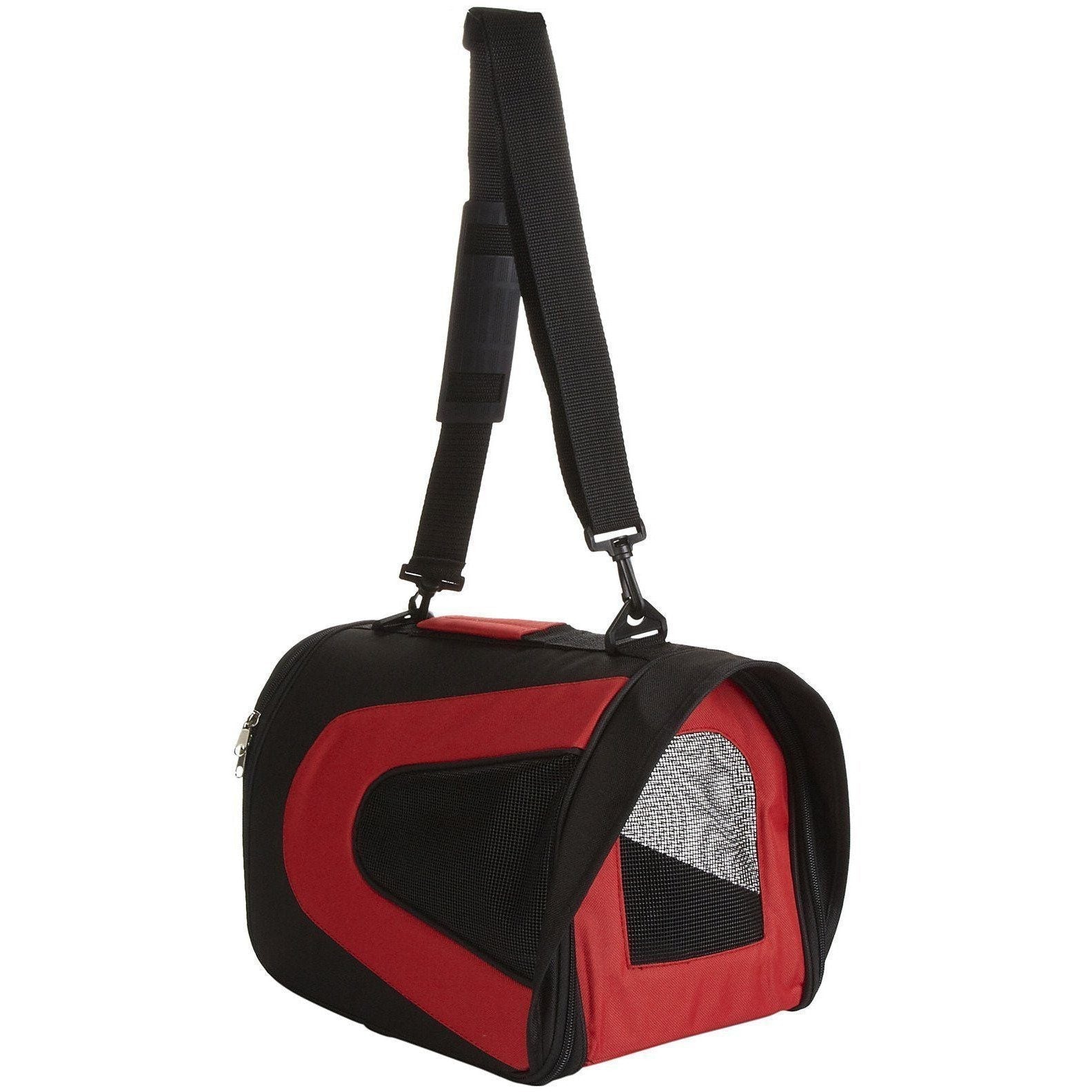 Dog travel carrier, zippered mesh panels, red and black foldable bag with carry strap