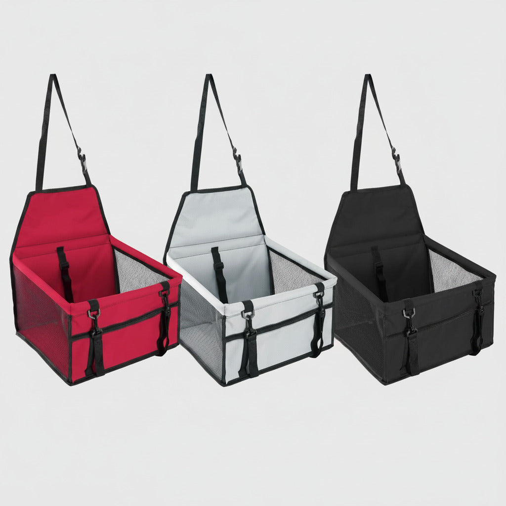 Pet travel carrier bag in red, gray, and black with top handle and open-frame sides