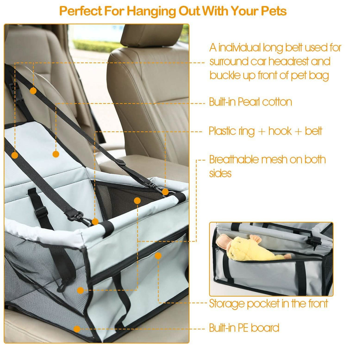 Hellgraue Pet-Transportbox mit Sicherheitsleine, Mesh-Seiten und Fronttasche