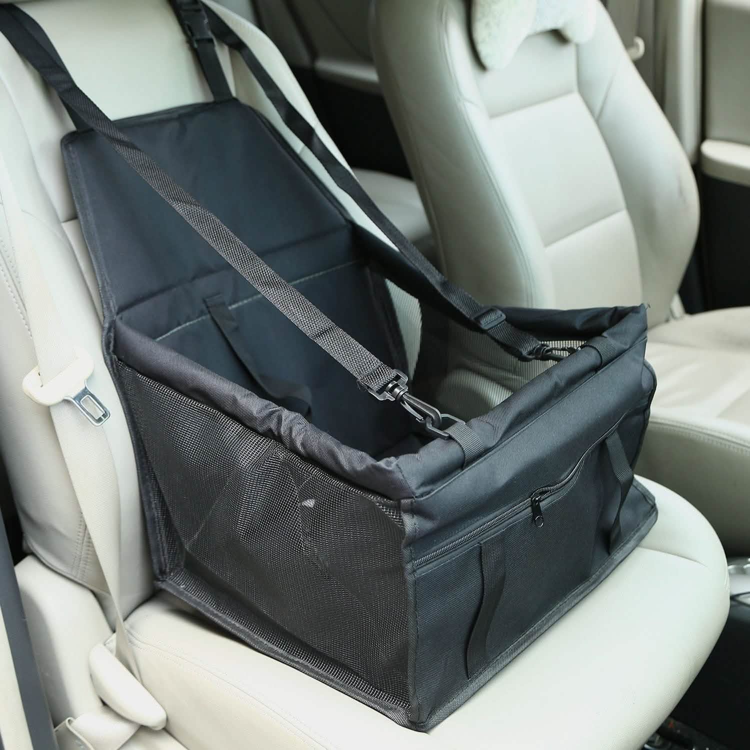 Pet-Transporttasche schwarz mit Clip-Sicherheitsleine, Netzfenster und Frontfach
