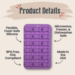 Purple silicone pet treat mold labeled flexible and microwave, freezer, dishwasher safe.