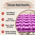 Purple silicone pet treat mold graphic with paw icons and molded cavity close-up.