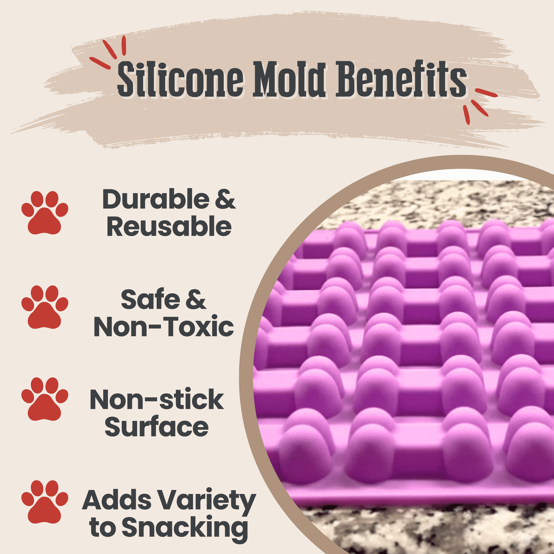 Purple silicone pet treat mold graphic with paw icons and molded cavity close-up.