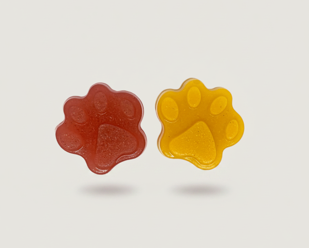 Red and yellow silicone pet treats in paw shapes
