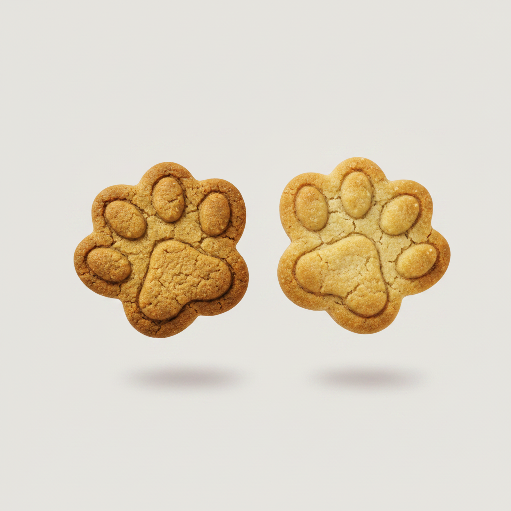 Paw-shaped pet treats: two dark golden-brown cookies side by side.