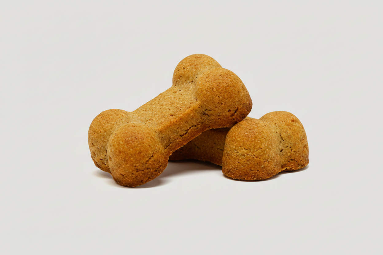 Bone-shaped pet treats on display in warm golden-brown color.