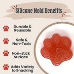 Red silicone pet treat mold with paw-shaped treats
